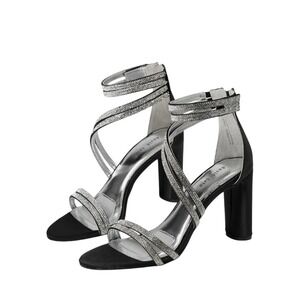 David Tate NWB Black Silver Rhinestone Embellished Ankle Strap Block Heels SZ 7